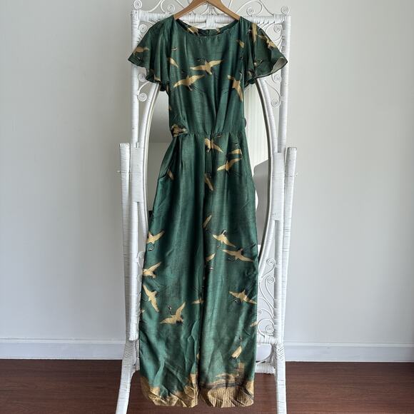 Anthropologie Eva Franco Jumpsuit Womens 6 Green Bird Print Wide Leg Flowy NEW - Picture 1 of 12